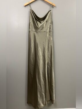 Birdy Grey Olive Shiny Satin Moss Green Slip Maxi Dress with Spaghetti Straps M